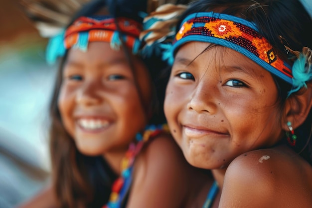 Foto ritratto di ragazze indigene felici che sorridono guardando la telecamera
