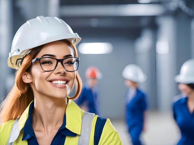 Portrait of happy industrial factory worker Professional in a helmet Labour day concept with woman AI Generative