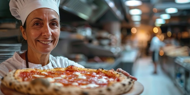 Foto ritratto di una felice chef italiana che cucina la pizza