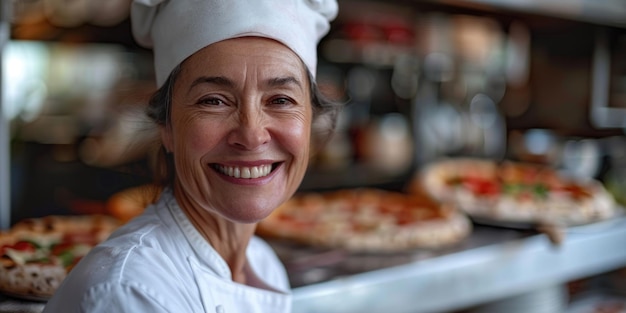 Photo portrait of happy italian female chef cooking pizza ai generated