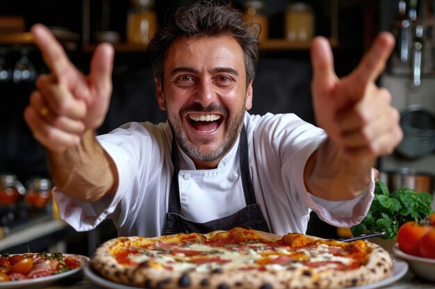幸せなイタリアの男性シェフがピザを調理している肖像画