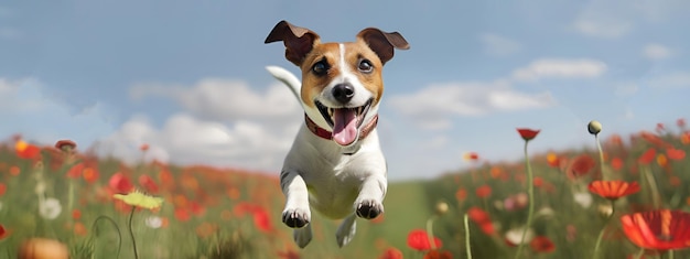 Portrait of happy Jack Russell Terrier dog jumping floating up in the air sunny day on flower field AI gererated