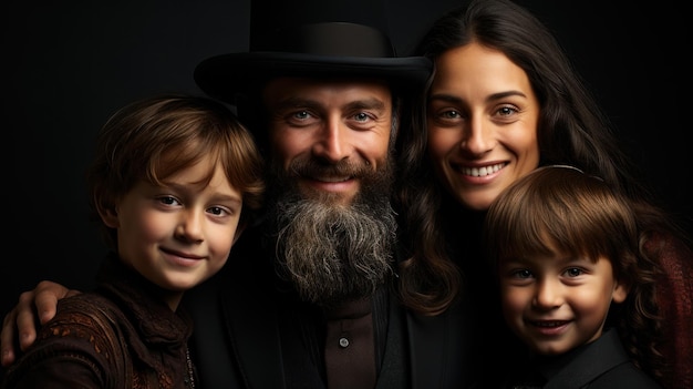 Portrait of a happy jewish family jew father mother and children isolated on black background