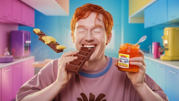 Photo portrait of happy and joyful red haired male wearing undersized t shirt standing enjoying unhealth