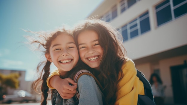 Photo portrait of happy kids with little friends hugging and laughing