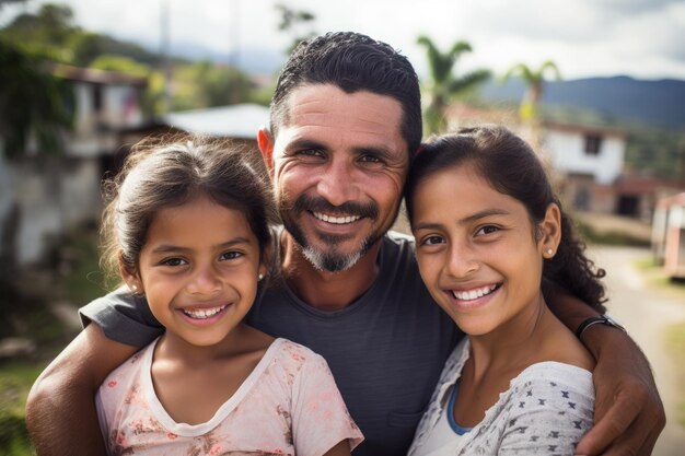 Photo portrait of happy latino family hugging on rural background