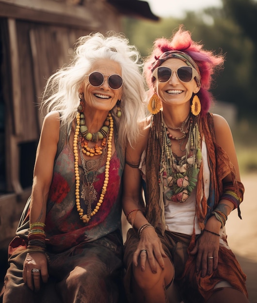 Portrait of the happy lesbian couple of the senior hippies