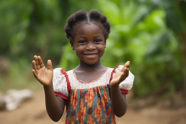 Portrait of happy little african girl doing thumbs up sign outdoors