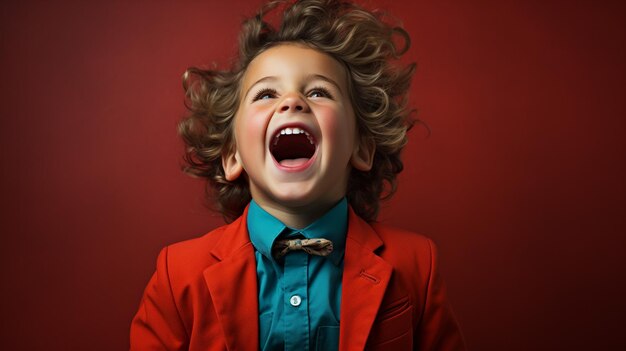 Portrait of a happy little boy of 7 years old smiling sweetly standing on a red background in the