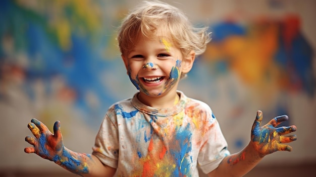 Portrait of a happy little boy enjoying his painting Education having fun with paint on his face