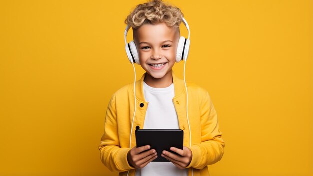 Portrait of a happy little boy on a yellow background