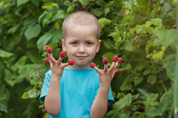 Portrait happy little child with raspberry outdoors