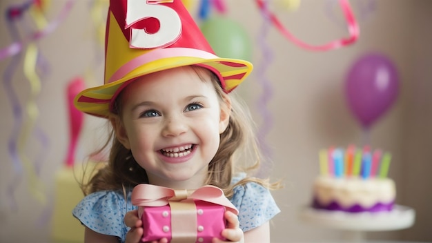 Portrait of a happy little girl in a birthday hat