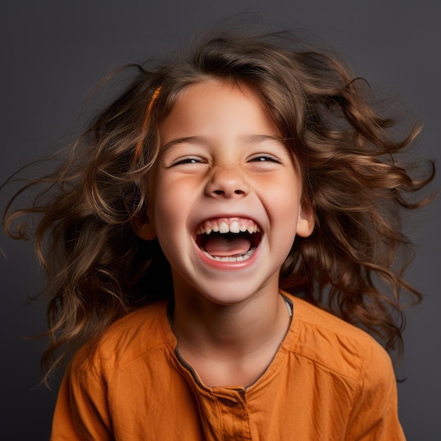 portrait of a happy little girl laughing on a dark background stock photo