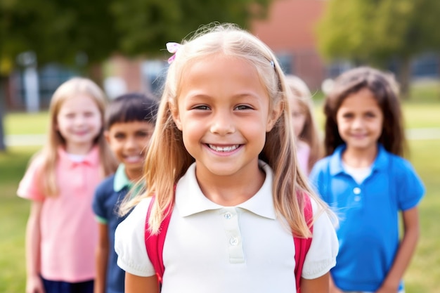 Portrait of a happy little girl standing outside with her classmates created with generative ai