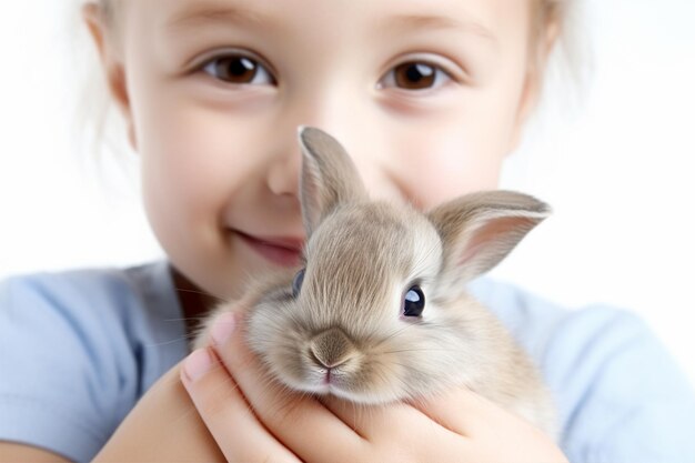 Foto ritratto di una bambina felice con un coniglio