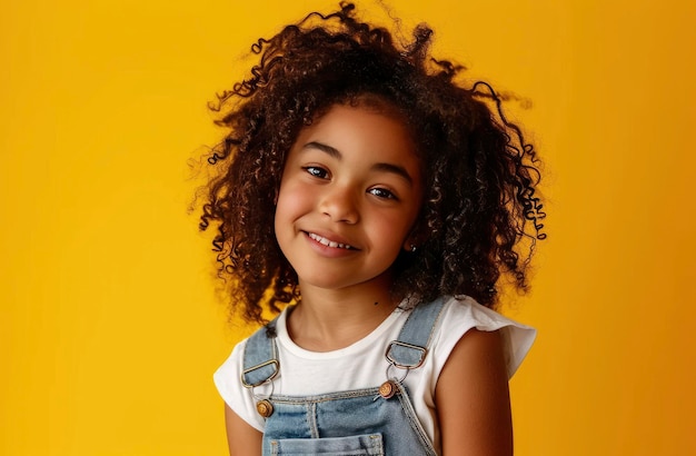 Portrait of happy little girl with smiling isolated on yellow background