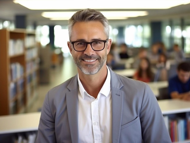 Foto ritratto di un felice insegnante di economia maschile e allenatore professionale uomo bello con camicia blu e occhiali in piedi in ufficio dopo una lezione di formazione aziendale per una squadra di dipendenti