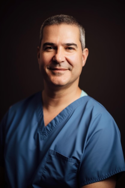 Portrait of a happy male doctor wearing surgical scrubs created with generative ai