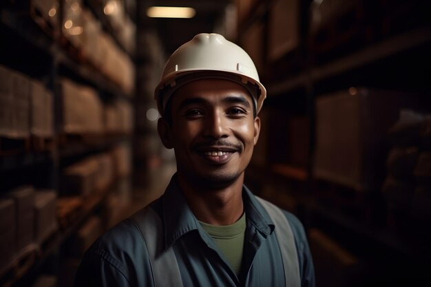 Portrait of a happy male employee at manufacturing industry with stacked of cardboard boxes Warehouse worker Storage background Generative ai