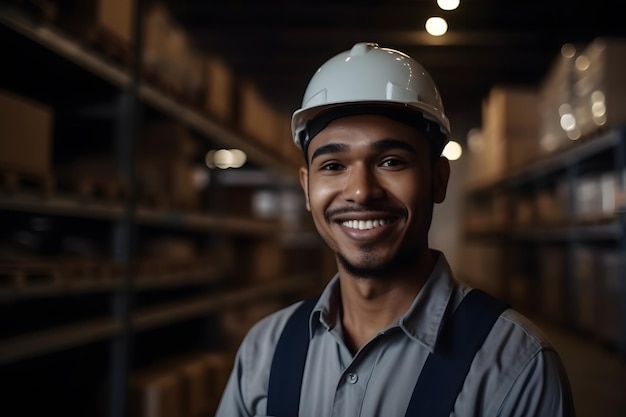 Portrait of a happy male employee at manufacturing industry with stacked of cardboard boxes Warehouse worker Storage background Generative ai