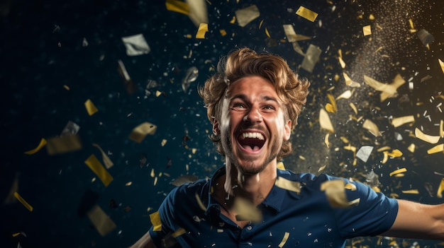 Photo portrait of happy male soccer player celebrating victory