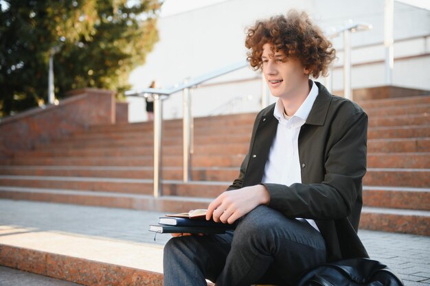 Portrait of a happy male student standing on campus with bag