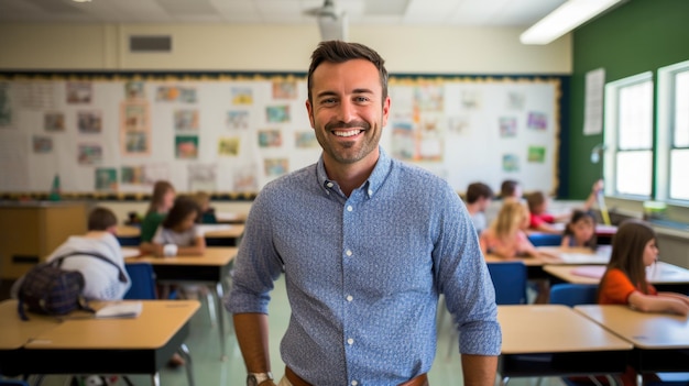Portrait of happy male teacher in classroom in front of pupils