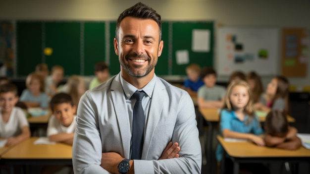 Portrait of happy male teacher in classroom in front of pupils