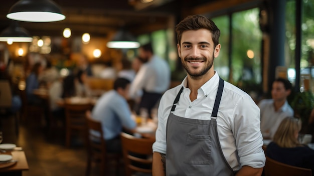 Портрет счастливого официанта в ресторане