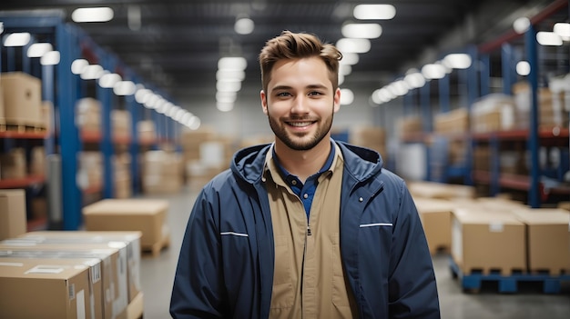 Portrait of happy male warehouse worker standing in warehouse