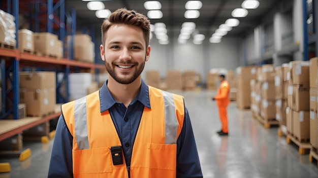 Портрет счастливого мужского работника склада, стоящего на складе