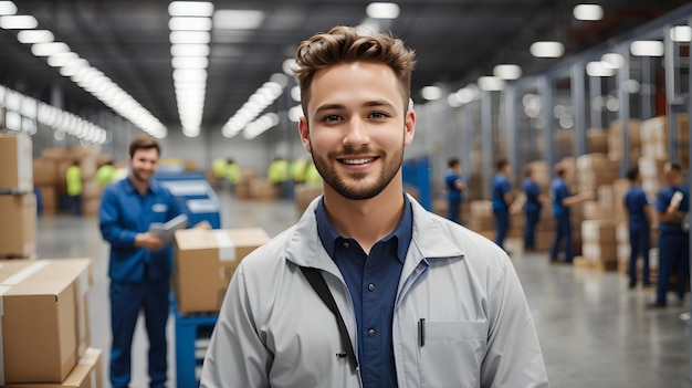 Portrait of happy male warehouse worker standing in warehouse