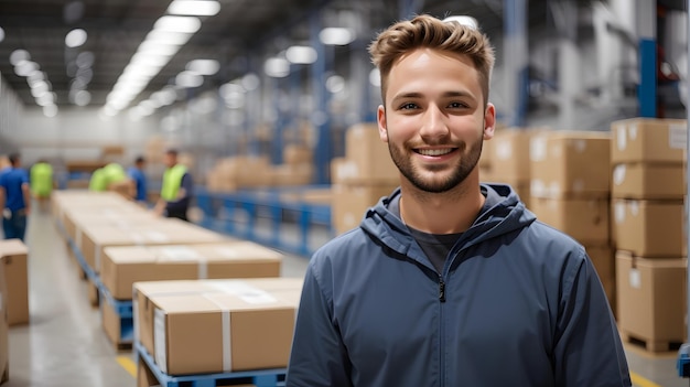 Portrait of happy male warehouse worker standing in warehouse