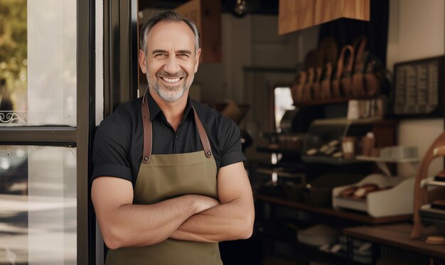 Photo portrait of happy man small business owner of coffee shop standing at entrance wearing khaki apron