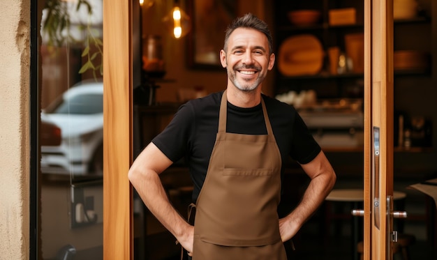 Portrait of happy man small business owner of coffee shop standing at entrance
