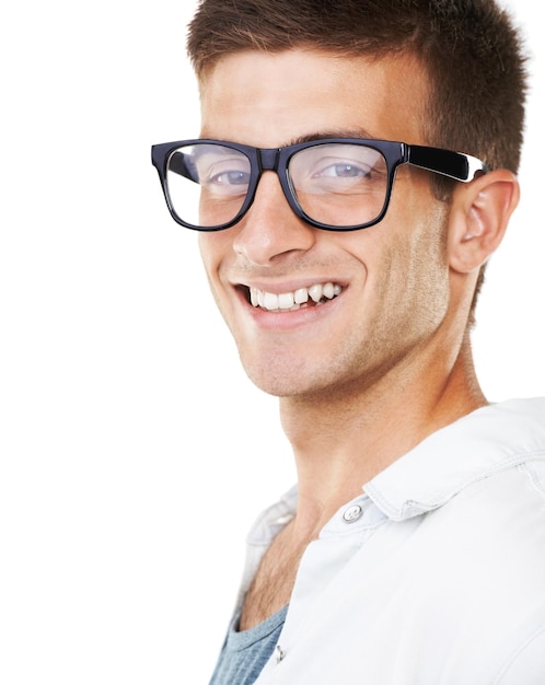 Portrait happy man and smile with glasses in studio for mock up on white background male model person and creative with spectacles for vision with new lens and frame for sight myopia or eye care