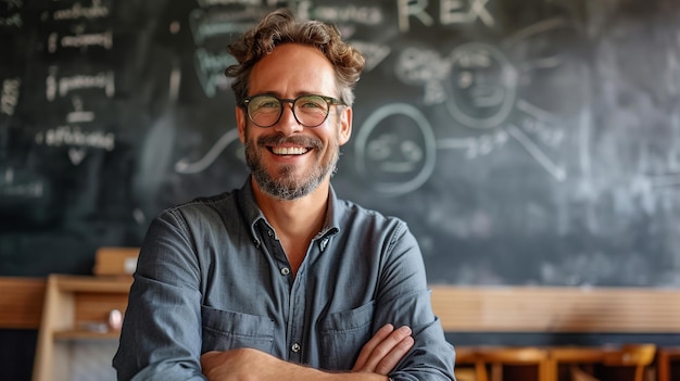 portrait of happy man teacher in school minimalism