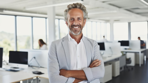 Portrait of happy mature businessman standing with arms crossed in modern office Generative AI