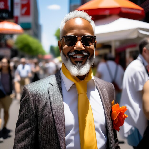 portrait of a happy mature businessman in suit smiling while walking on the streetportrait of a