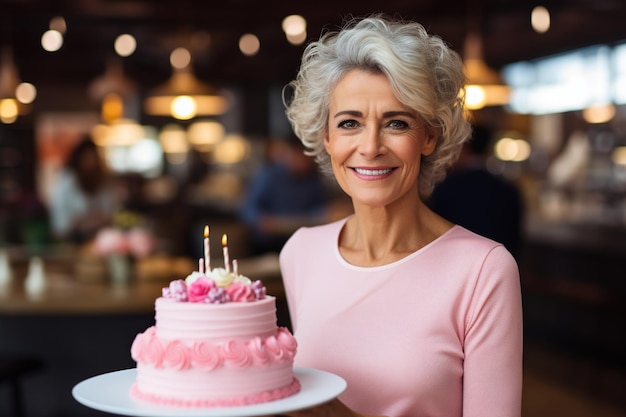 Portrait of happy mature woman with cake at birthday party on background