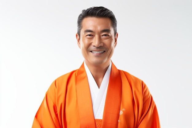 Portrait of happy middle aged Asian man in orange kimono