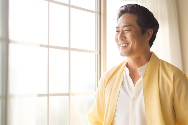 Portrait of happy middle aged Asian man in yellow kimono