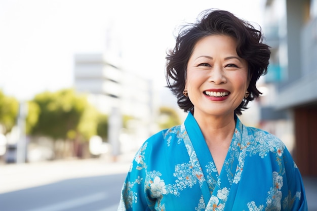 Portrait of happy middle aged asian woman in blue kimono