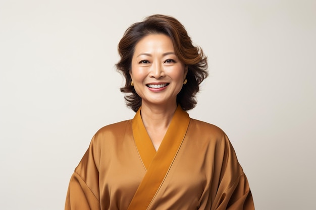 Portrait of happy middle aged asian woman in brown kimono