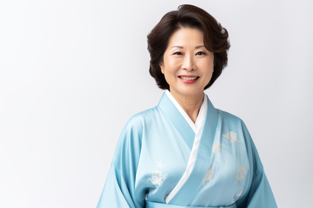 하늘색 기모노를 입은 행복한 중년 아시아 여성의 초상화