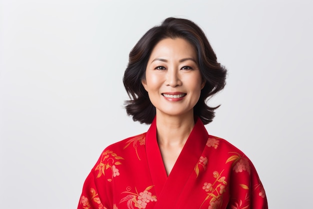 Portrait of happy middle aged asian woman in red kimono