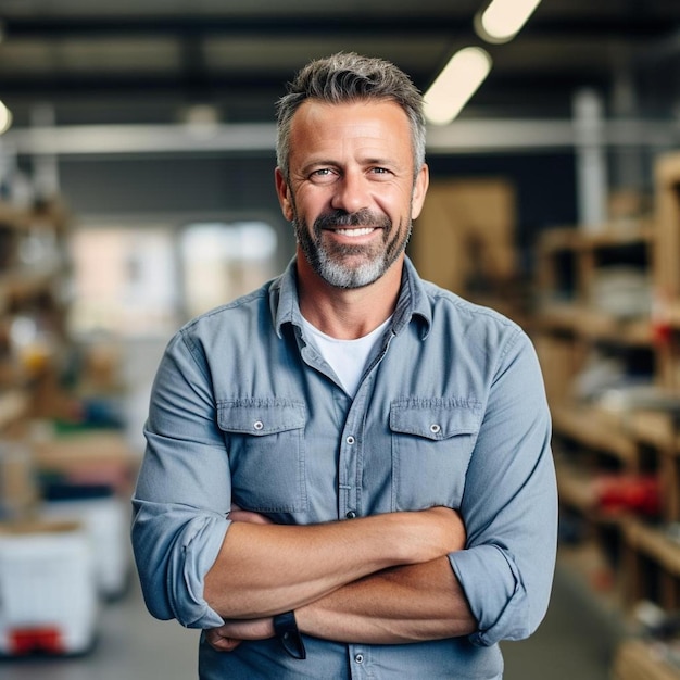 portrait of a happy middle aged salesperson with arms crossed in hardware store