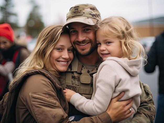 Portrait Of Happy Military Family Soldier Wife And Little Daughter Military homecoming concept