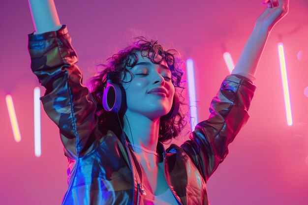 Photo portrait of happy modern young woman listening to music with headphones on neon colors background